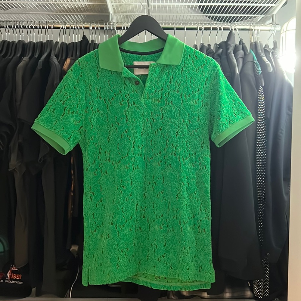 Henrik Vibskov Neon Green Lace Chenille Floral Polo Collar Short Sleeve Small